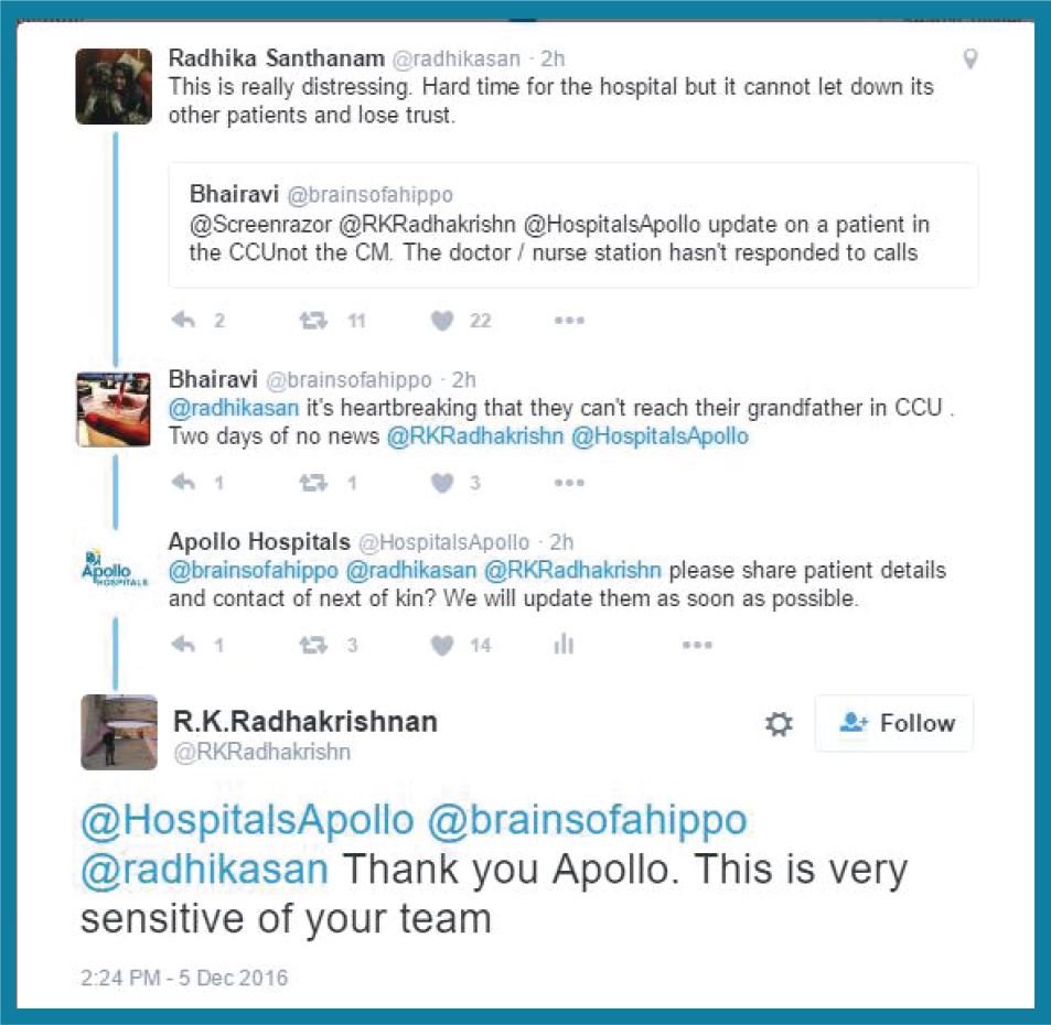 Crisis management example — hospitalization updates on social channels