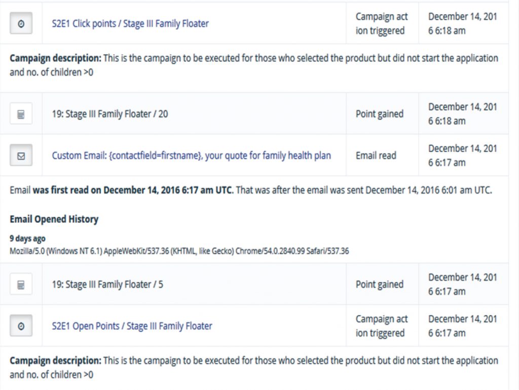 Contact engagement history in Mautic — timeline view