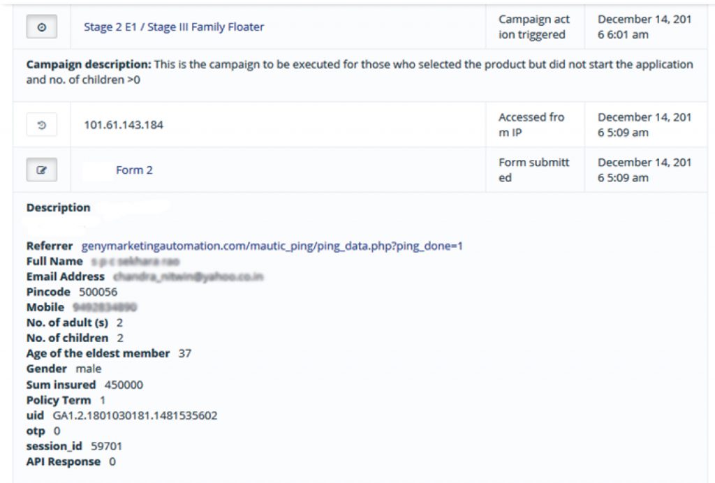 Contact engagement history in Mautic — activity detail